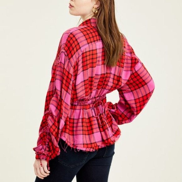 FREE PEOPLE | pacific dawn pink plaid cinched waist top small NWT - Picture 4 of 16